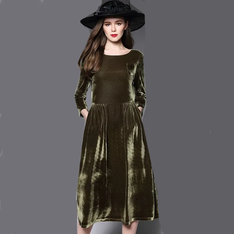 

- Elegant Vintage All-Match Velvet Dress Three Quarter Sleeve Pocket Women Dress Casual Party Dresses Vestidos