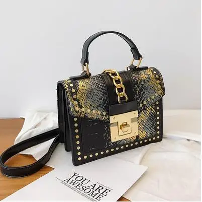 black gold Стиль, украшение из змеиной кожи, цепочка, искусственная кожа, Женская Повседневная сумка, сумка для доктора, сумка через плечо, женская сумка, сумка на плечо - Цвет: black gold