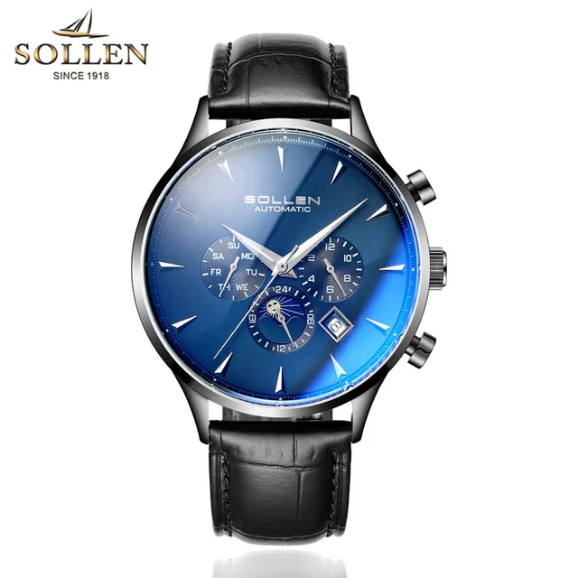 leather Black blue SOLLEN, новые мужские часы, механические часы, водонепроницаемые, автоматические, спортивные, Moon phase, светящиеся, кожа, мужские, трендовые, студенческие, мужские часы - Цвет: leather Black blue