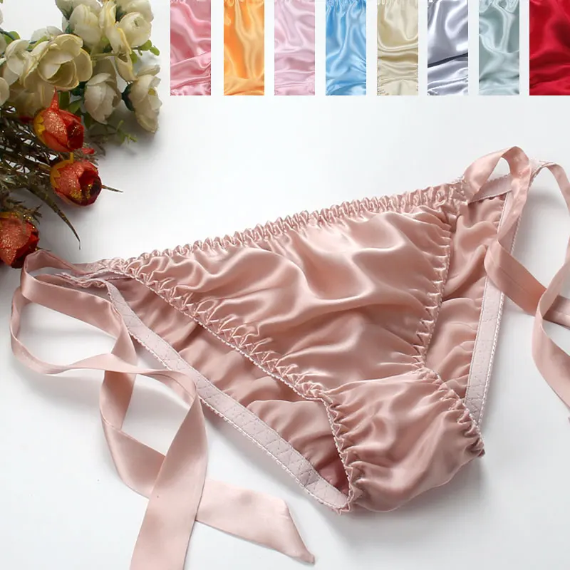 Женские однотонные трусики из чистого шелка 100% тонги с регулируемой