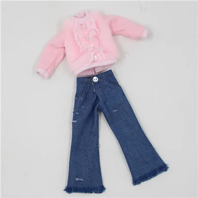 like the picture Наряды для куклы Blyth, розовая меховая одежда с голубыми расклешенными джинсами, костюм для 1/6, azone BJD pullip licca - Цвет: like the picture