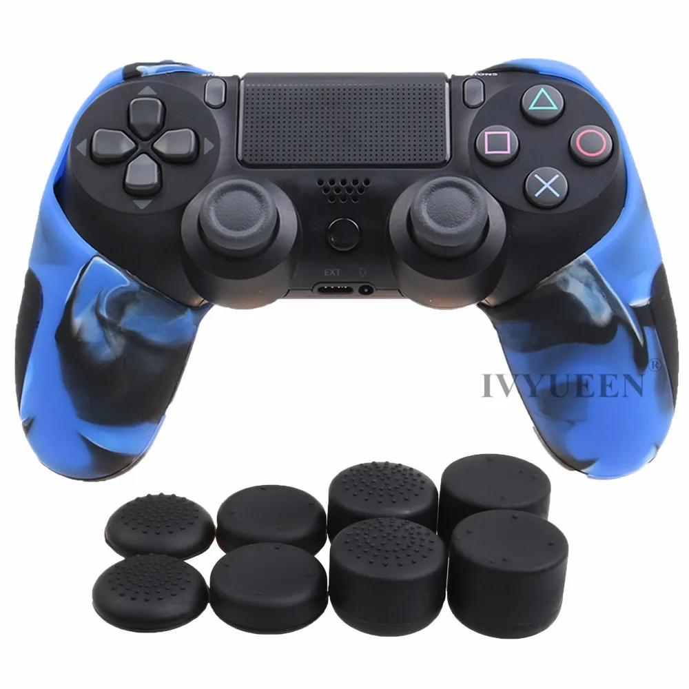 Blue Camo IVYUEEN Толстая Половина кожи для playstation Dualshock 4 PS4 Pro тонкий контроллер силиконовый чехол с 8 колпачками - Цвет: Blue Camo