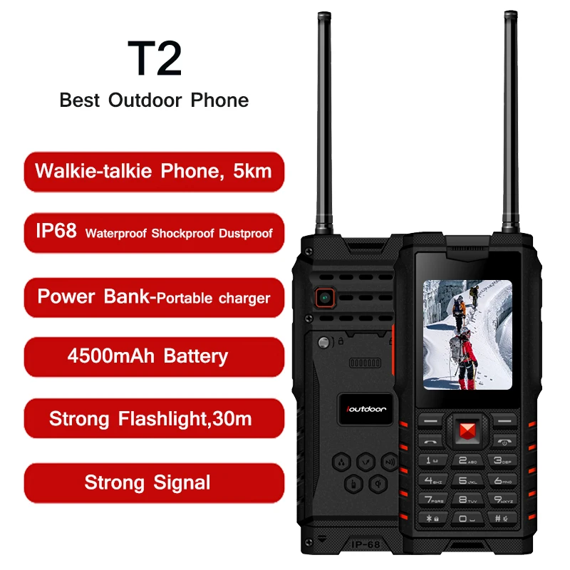 Ioutdoor T2 Прочный мобильный телефон IP68 Walkie-talkie Интерком 4500mAh Power Bank Сильный фонарик 2.4 "GSM Водонепроницаемая ячейка.