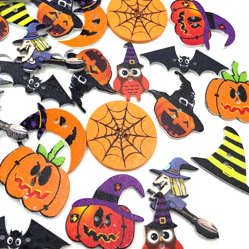 50/100 Pcs Wooden buttons Mixed Pumpkin Hat Owl Bats 2 Hole Sewing Craft Button for DIY Clothing Accessories Scrapbooking WB468