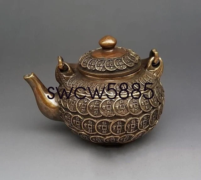 Old Chinese Brass Copper Wealth Money Coin Portable Wine Tea Pot Flagon NR | Дом и сад