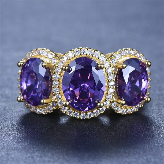 Purple Роскошное женское большое кольцо из желтого золота винтажные обручальные кольца большое желтое пурпурное каменное кольцо обещают милое обручальное кольцо - Цвет основного камня: Purple