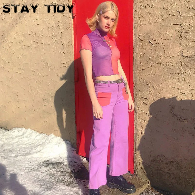 STAY TIDY макет шеи лоскутное с оборками коротким рукавом короткий модный топ Сетка
