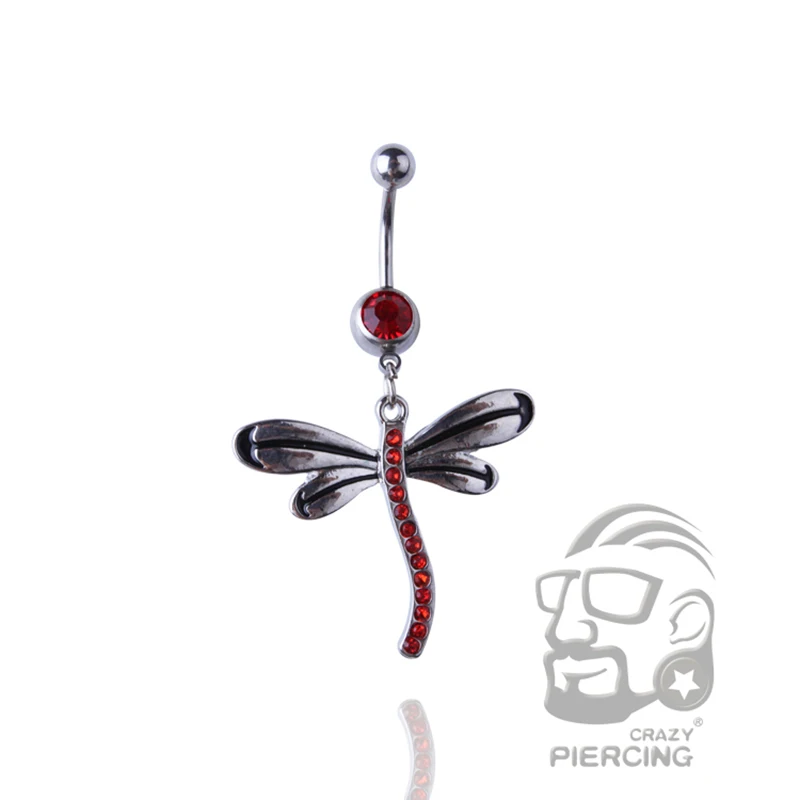 Прозрачное/аквамариновое/красное кольцо для пупка со стрекозой из нержавеющей