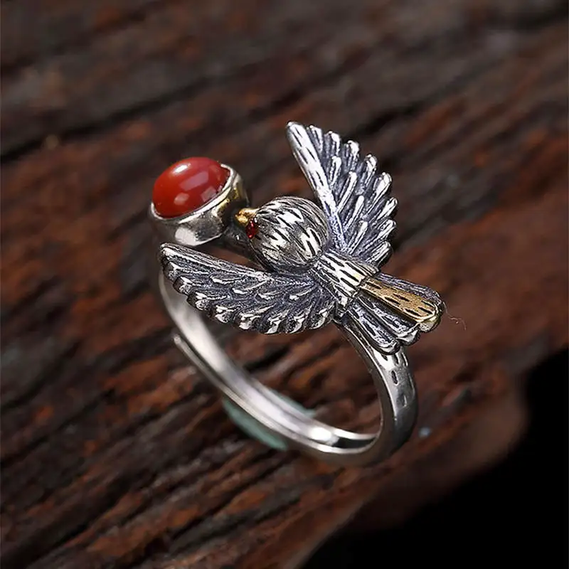 V. YA Ретро S925 Серебряное кольцо открытый размер Vivied Bird дизайн натуральный камень женские ювелирные изделия из чистого серебра кольца хороший подарок для друга - Цвет основного камня: Красный