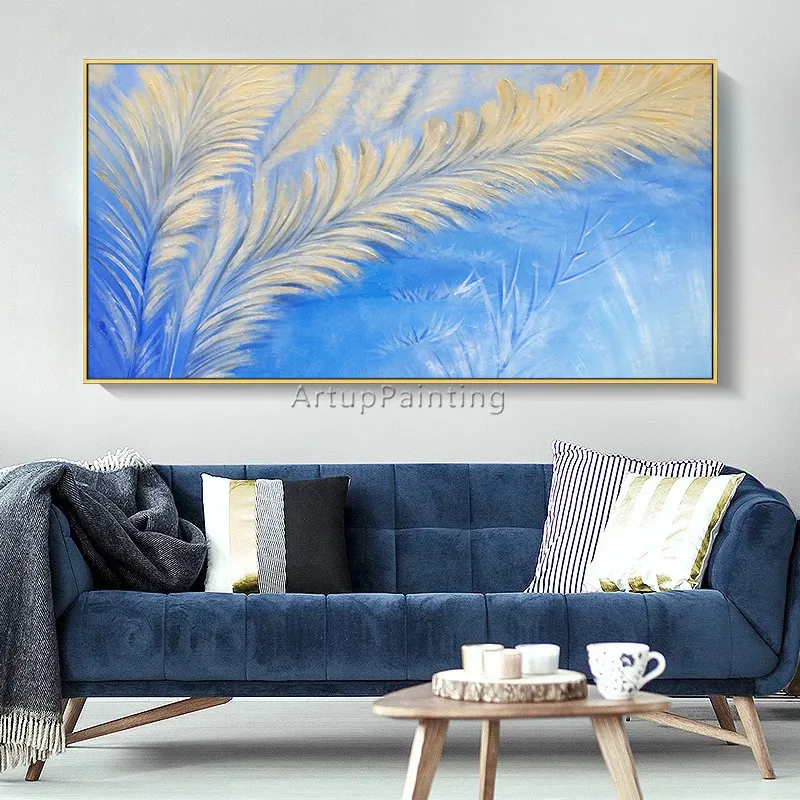 Modern abstract feather painting acrylic blue Canvas Abstract art Wall Pictures for living room home decor cuadros | Дом и сад