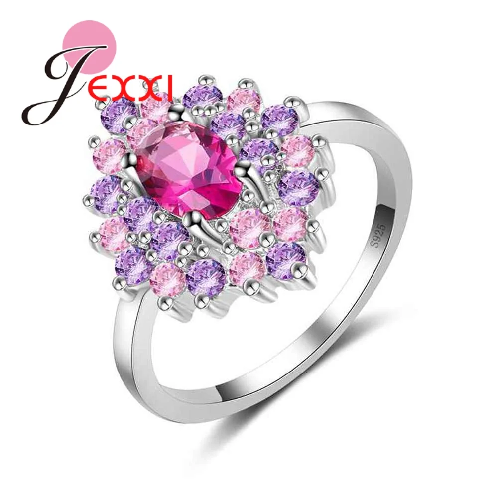 

Flower Shape Pink Porple Cubic Zirconia Ring For Women Size 6-10 Romantic Wedding Engagement Anel 925 Sterling Silver For Women