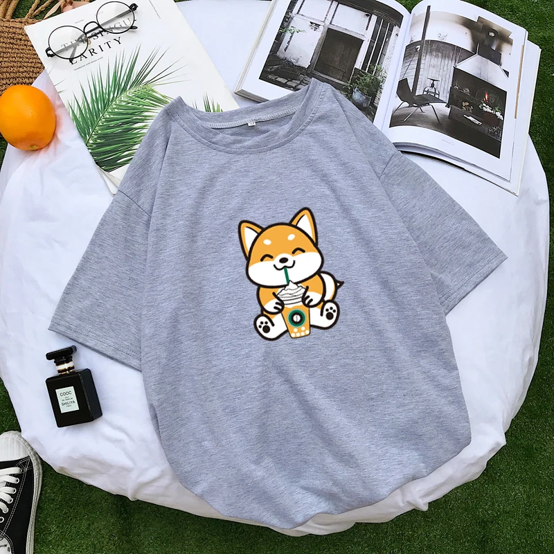 Женская футболка в стиле Харадзюку, Повседневная Kawaii, забавная футболка Шиба, хлопковые топы, футболка с коротким рукавом, женская уличная свободная Корейская одежда