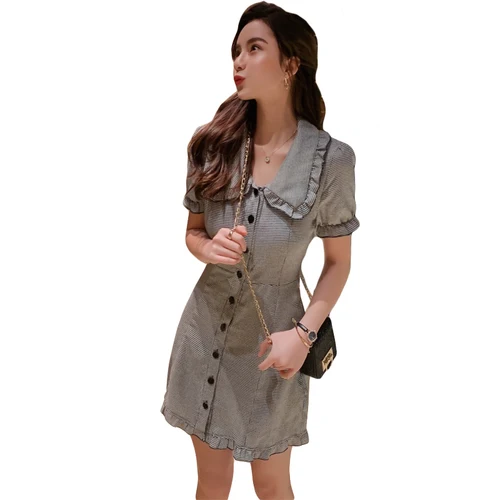 2019 New Summer Korean Brief Plaid Dress Chic Peter Pan Collar Casual Fashion Elegant Single Breasted Dresses | Женская одежда