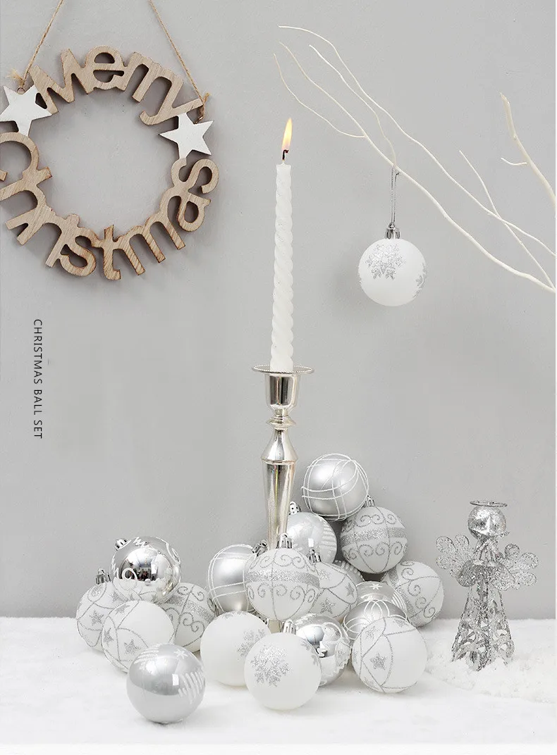 24pcs 6cm silver kawaii drawing christmas hanging balls xmas ornaments bauble ball home party wedding supplies decorating balls