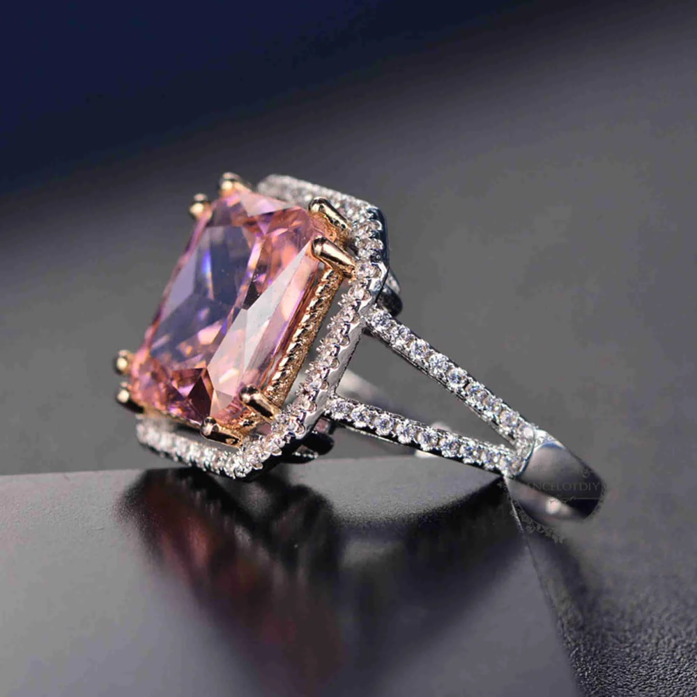 Серебряные и розовые прямоугольные кольца из кубического циркония 11x13 мм модные