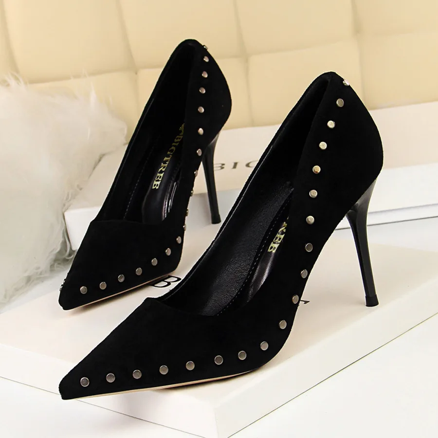 

New Women Pumps Shoes Shallow Flock Pointed Toe Classical Slip-On Rivet 9cm Thin High Heels Sexy lady Club Party Female Shoes