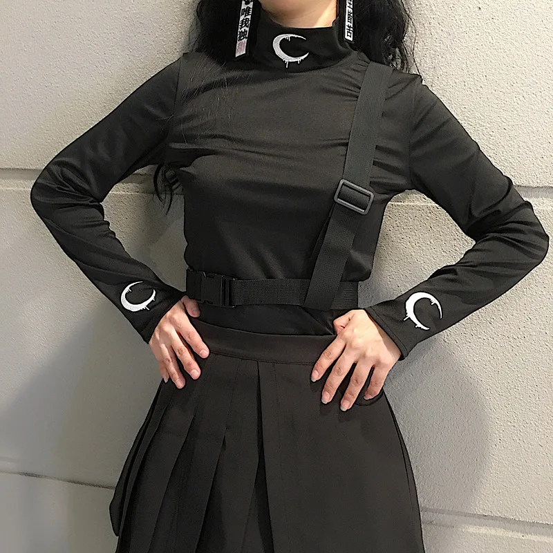 Женская водолазка с длинными рукавами черно-белая облегающая футболка принтом