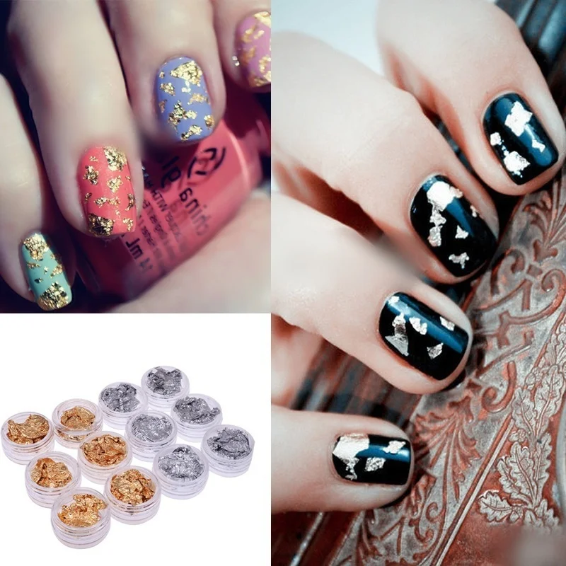 12 шт. модный дизайн ногтей золотые серебряные блестки хлопья чип фольга Сделай