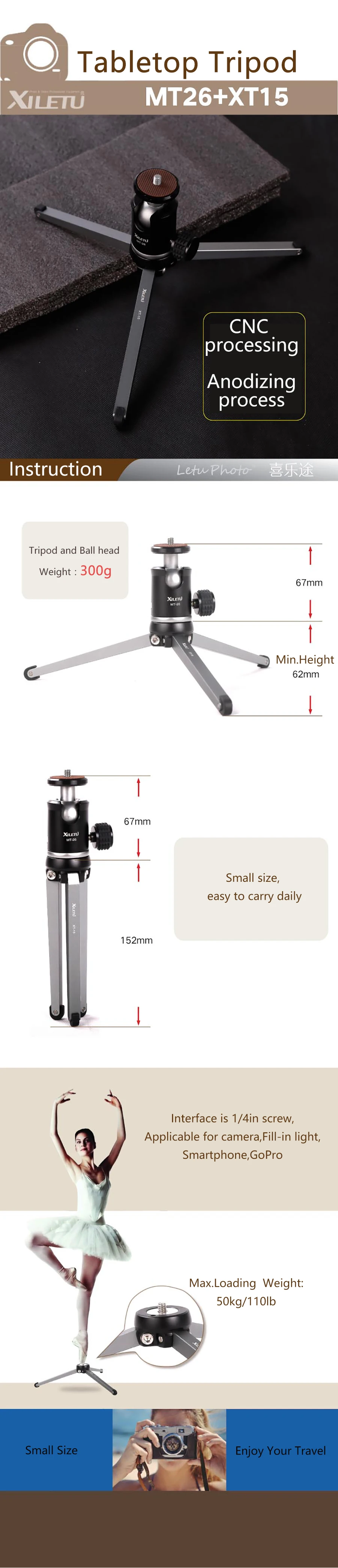 XILETU MT26+ XT15 подшипник Настольный кронштейн мини настольный штатив и шаровая Головка Высокая для DSLR камеры беззеркальная камера смартфон