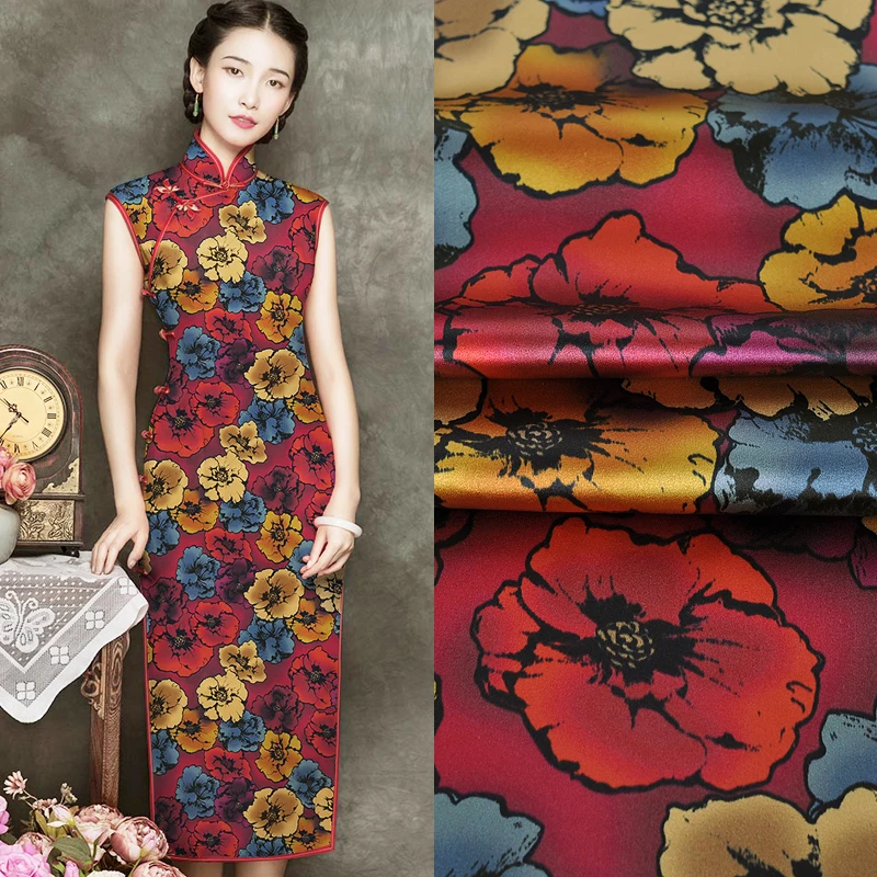 

114CM Wide 19MM Colorful Floral Print Red Stretch Silk Satin Fabric Good for Summer Dress Skirt Shirt Pants JH191