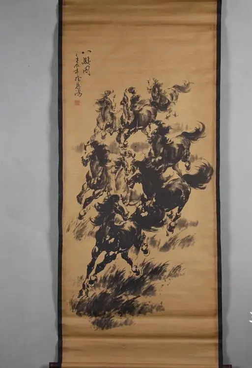 

Rare Hand-painted QingDyansty Vertical scroll reel antique calligraphy painting,Ink horses painting, free shipping