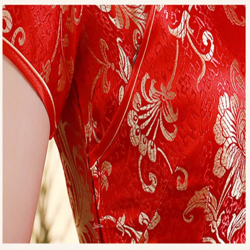 Красная атласная Qipao летние женские Традиционный китайский стиль Cheongsam платья Для женщин воротник-стойка Сельма Qipao платье плюс Размеры S-XXL
