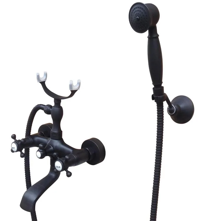 Черный латунный кран с двойными перекрестными ручками настенный кран-Лапка для