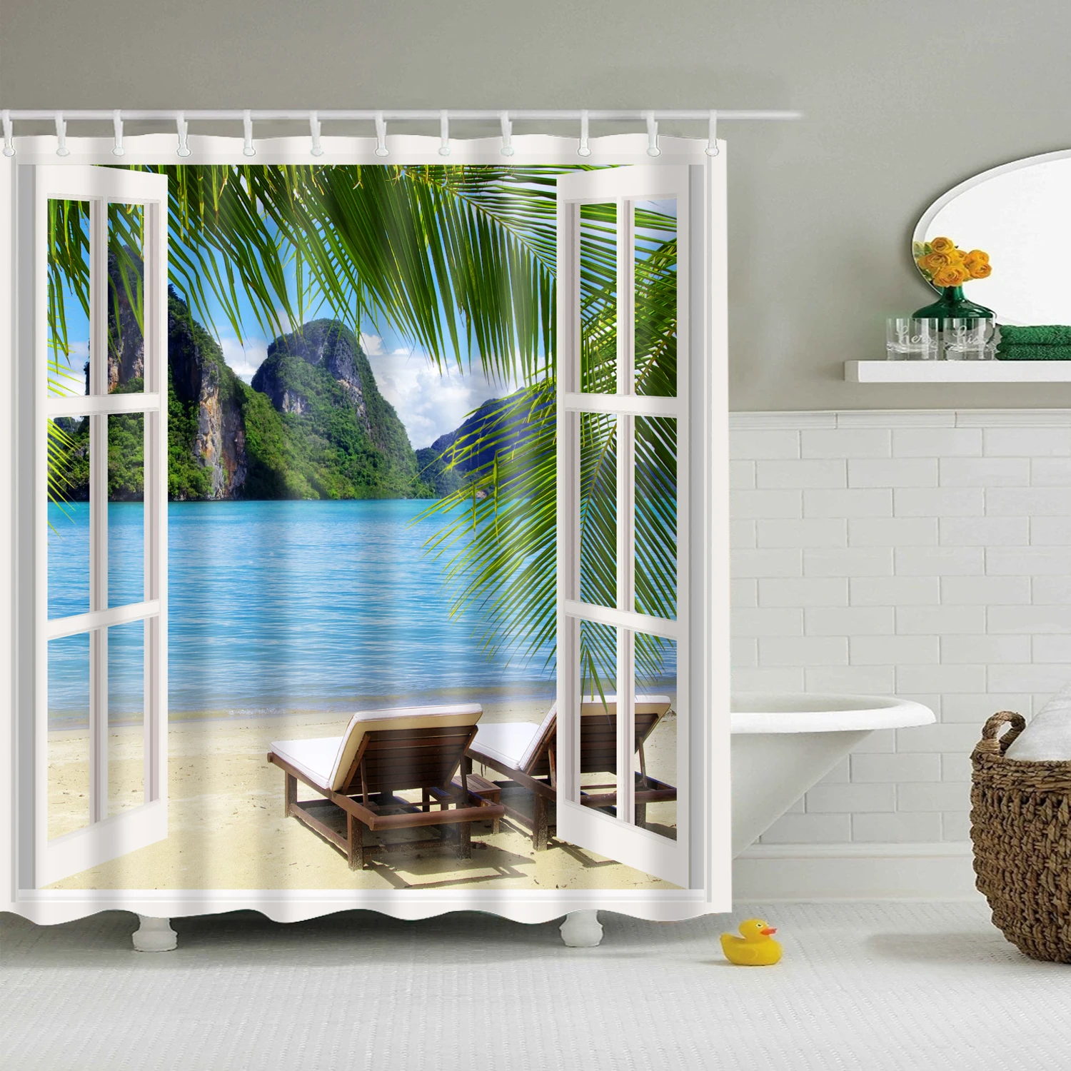Blue Sky sea Landscape False window Shower Curtain wash Bathroom shower Waterproof Mildewproof Decor with hooks 180x200 cm large