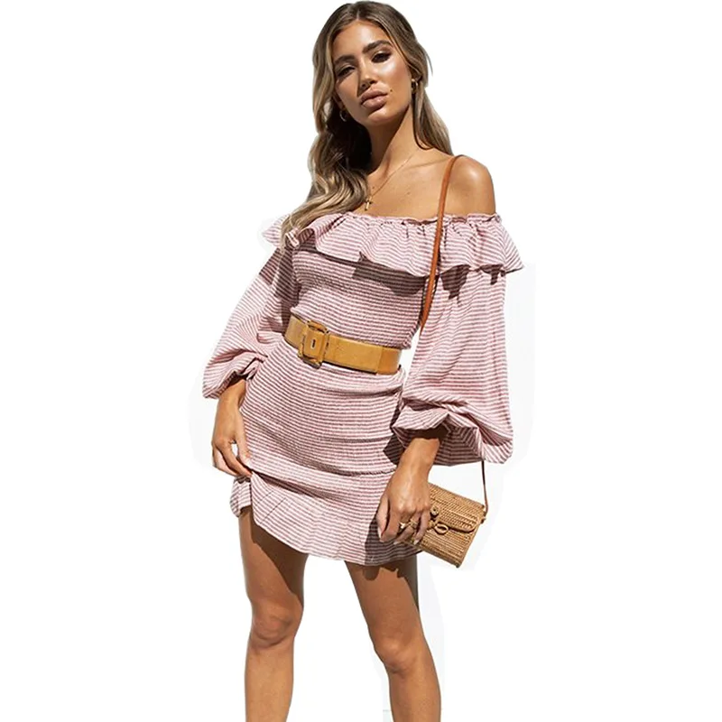 Daylook Off shoulder ruffle Сложите эластичный платье Женщины boho Сексуальная мини вечерние