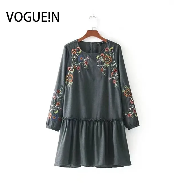 Женское Цветочная вышивка пайетками VOGUEIN темно серое мини платье с длинным