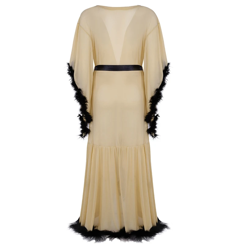 Sexy Ladies Lingerie Transparent Sleepwear Women Nightwear Babydoll Flare Sleeves Feather Wrap Robe See Through Long Bathrobe |