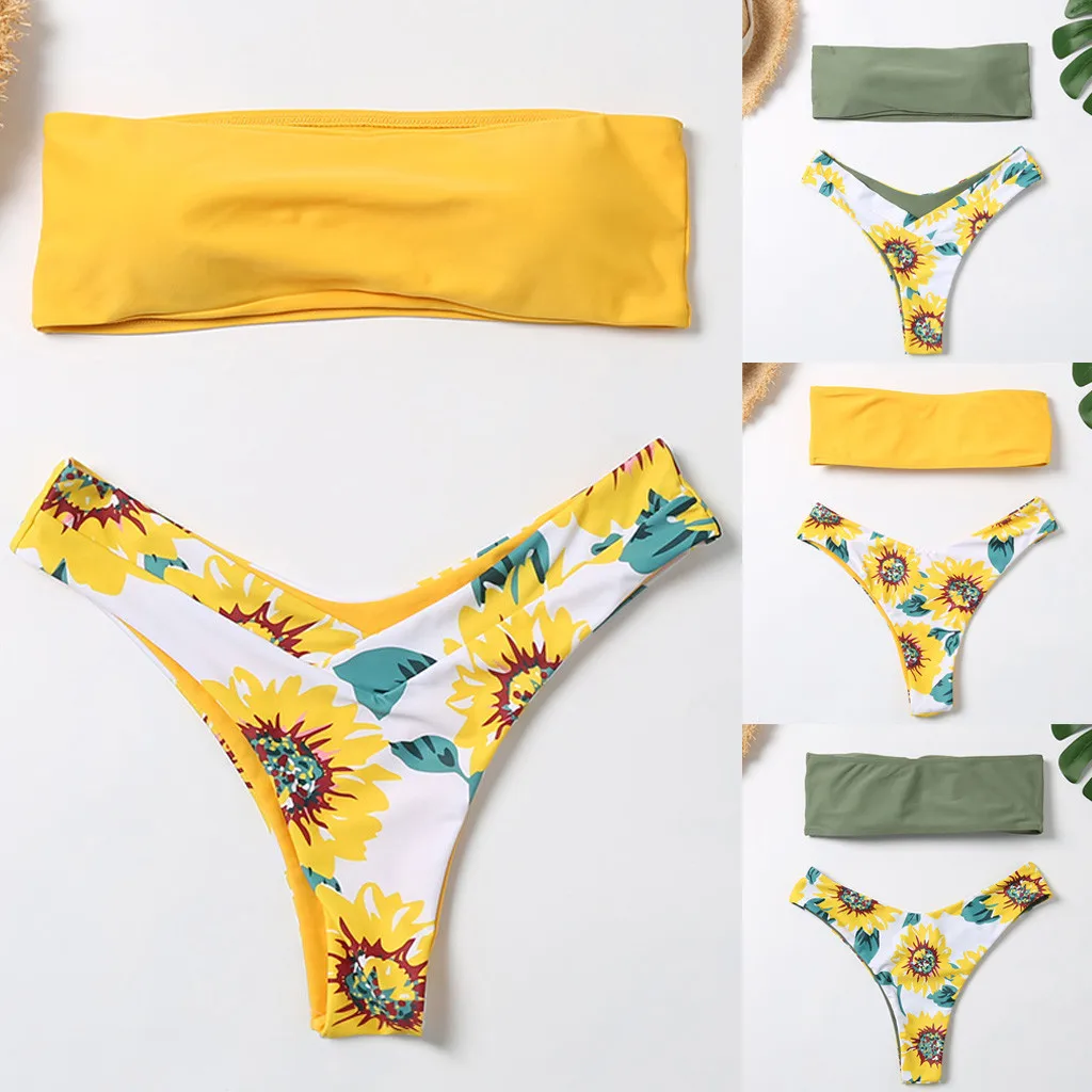 Пикантные женские комплект бикини Sunfloral печати сплошной зеленый желтая трубка