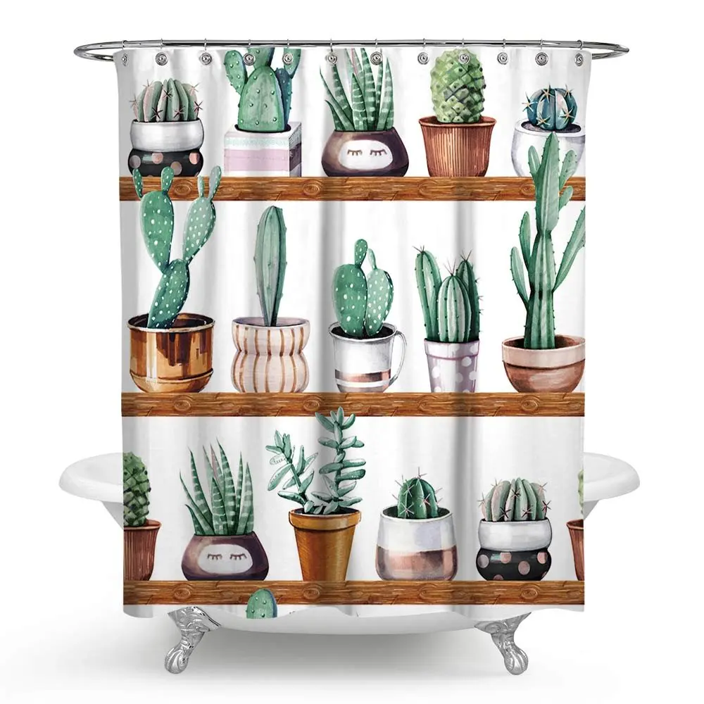Зеленый Кактус суккулентные растения душ Шторы деревянная полка для горшков