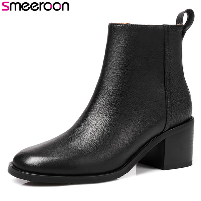 

Smeeroon 2020 fashion autumn boots women round toe high heels high quality ankle boots zip top genuine leather boots black