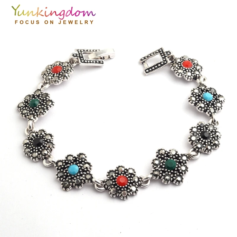Yunkingdom красочные хрустальные тибетские серебряные цветочные дизайнерские браслеты новые элегантные ювелирные изделия для женщин подарок хорошее ювелирное изделие YUN0583
