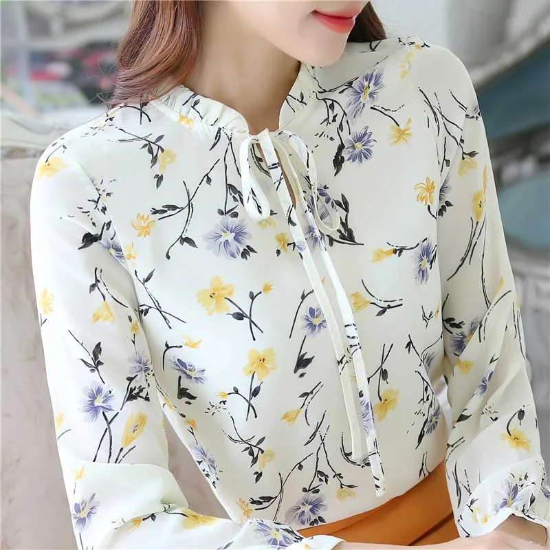 Blusas, женские топы, блузки, женская шифоновая рубашка с длинным рукавом и цветочным рисунком, женская тонкая рубашка, Camisas Mujer размера плюс, Женская сорочка белого и черного цвета - Цвет: Light yellow
