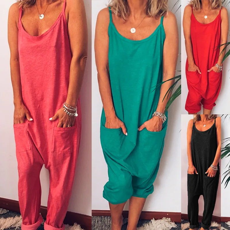 

Newly Women Casual Loose Jumpsuit Sling Backless Pockets Jumpsuit Jumper m99