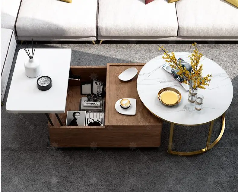

Nordic Marble Storage Tea Table Living Room Simple Modern Small Household High and Low Rise Round Table Multi-function Tea Table