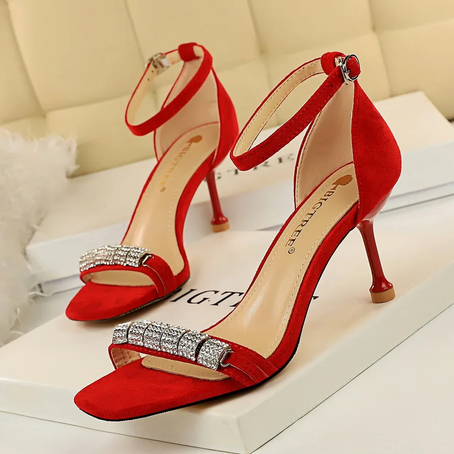 

Womens Ankle Strap Single Band Sandal Korean Style Rhinestone Office 7cm Heeled Sandals Pink Red Yellow
