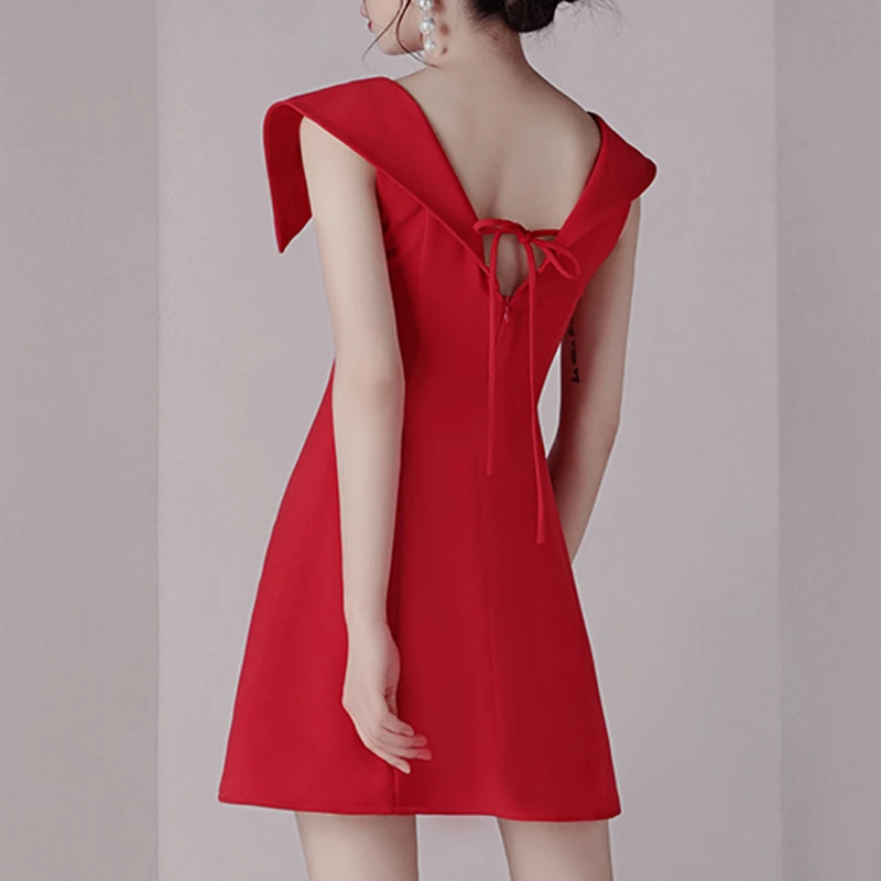 INDRESSME, новинка, женское платье с вырезом лодочкой, однотонное, красное, с коротким рукавом, с открытой спиной, ТРАПЕЦИЕВИДНОЕ, модное, Имперское, новое, мини-платье