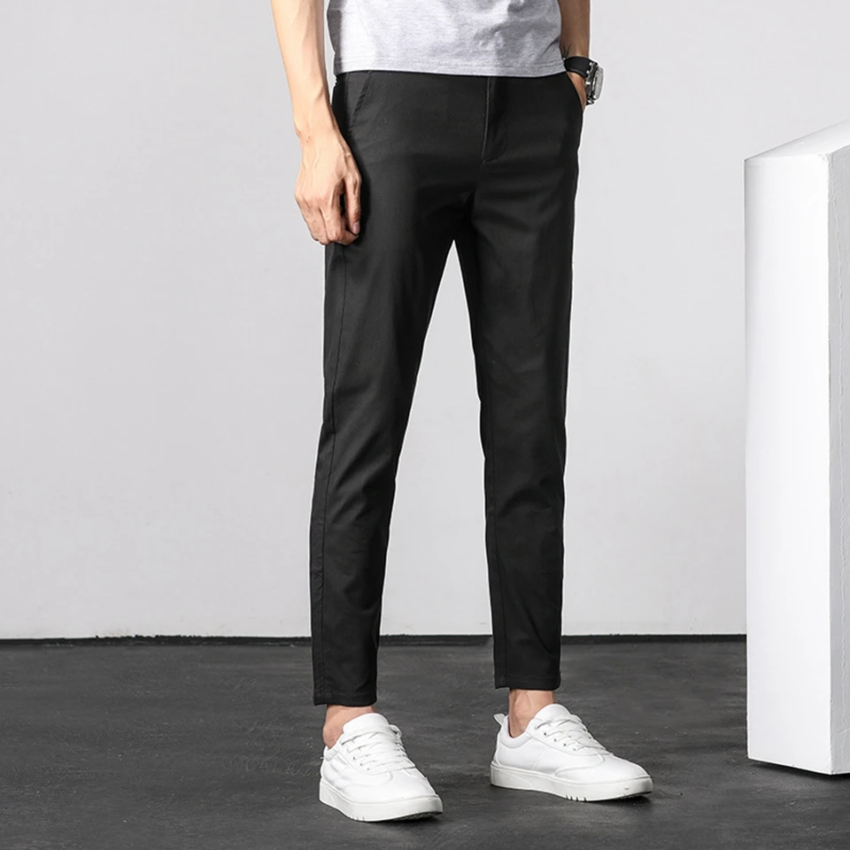 Men ANKLE Length Trousers 98.2% cotton 1.8% spandex Summer Thin Zipper Green Grey Black Slim Male Young Man Pencil Ninth Pants | Мужская