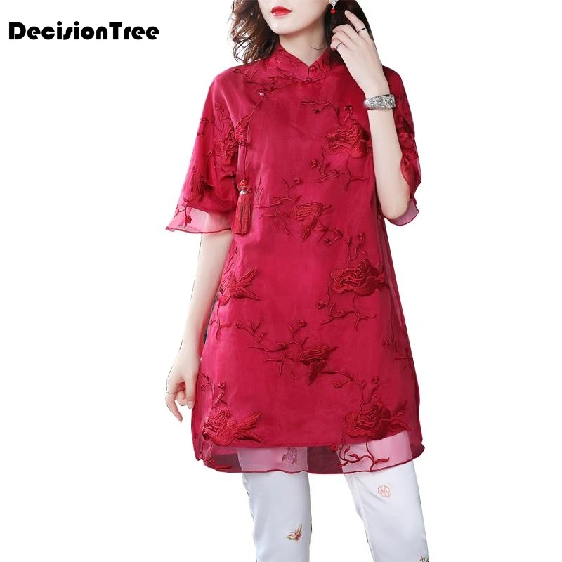 Цветочная вышивка cheongsam рубашка qipao Топ Половина рукава Китайский традиционный Топ Блузка для женщин кружевной Шелковый китайский топ