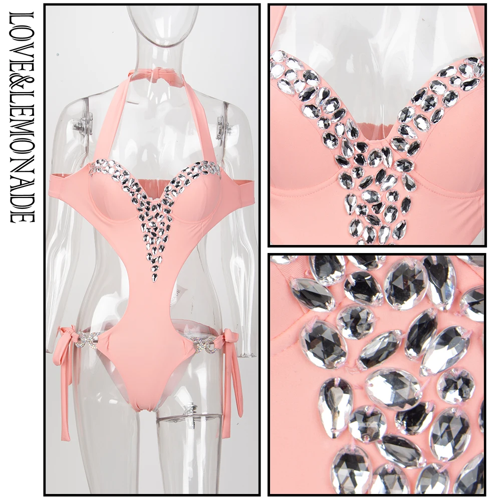 Розовый пляжный костюм LOVE & LEMONADE с вырезом на груди украшенный бусинами плечах