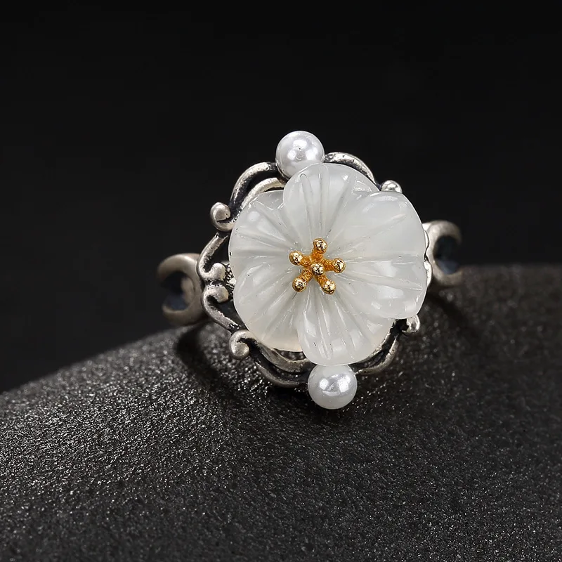 

S925 Pure Silver Inlay Ways Hetian Jade White Jade Pearl Plum Opening Ring Ring Wholesale