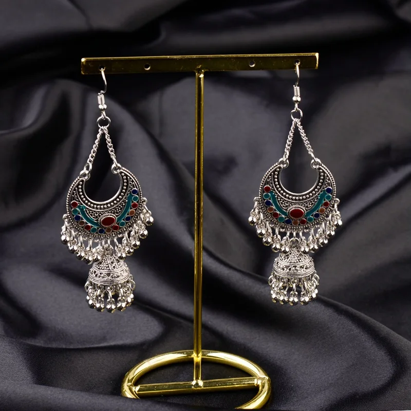 TopHanqi цыганские украшения, индийская Jhumka, длинные маленькие серьги-колокольчики с бахромой и кисточками, античный этнический Сплав серебра, висячие серьги для женщин
