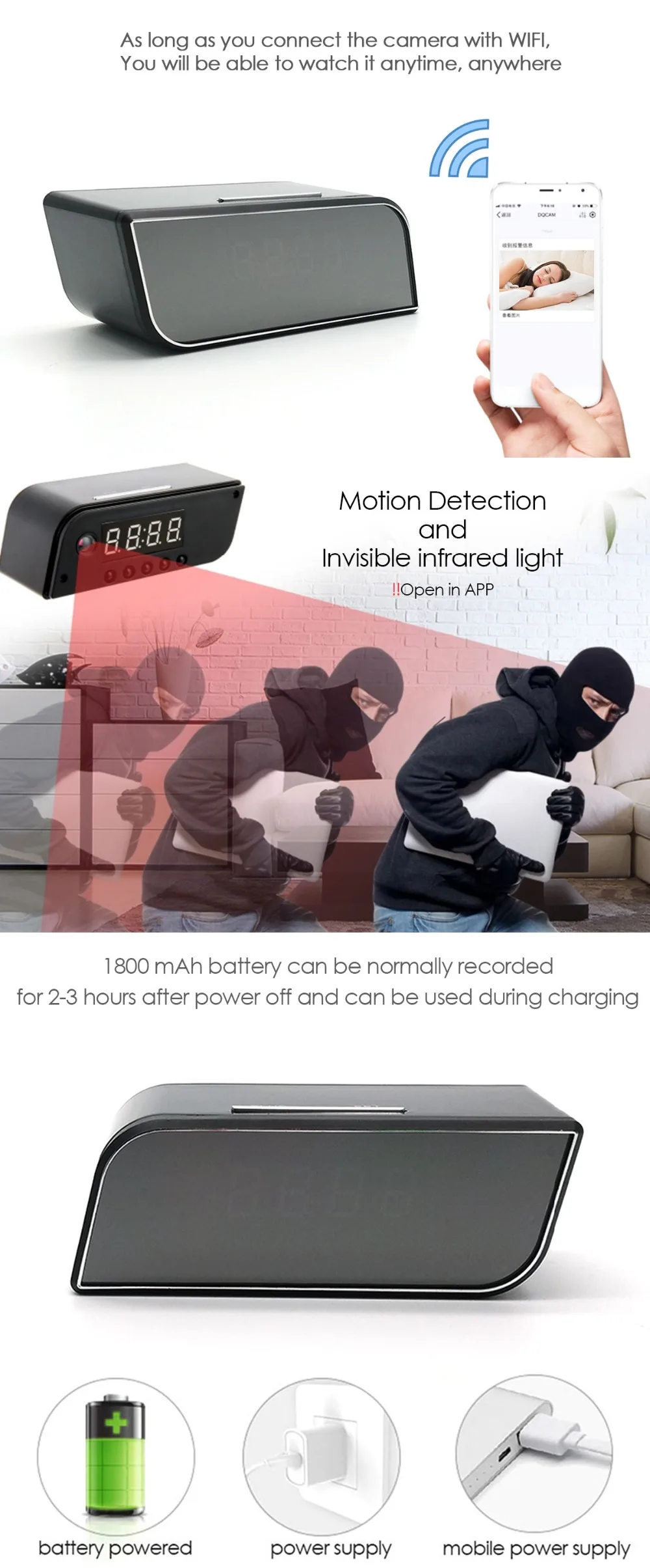 Мини-часы с камерой HD 1080P WiFi смарт-зеркальные часы с функцией ночного видения с функцией Обнаружения Движения ip-часы с поддержкой Android/iOS Phone View Vi
