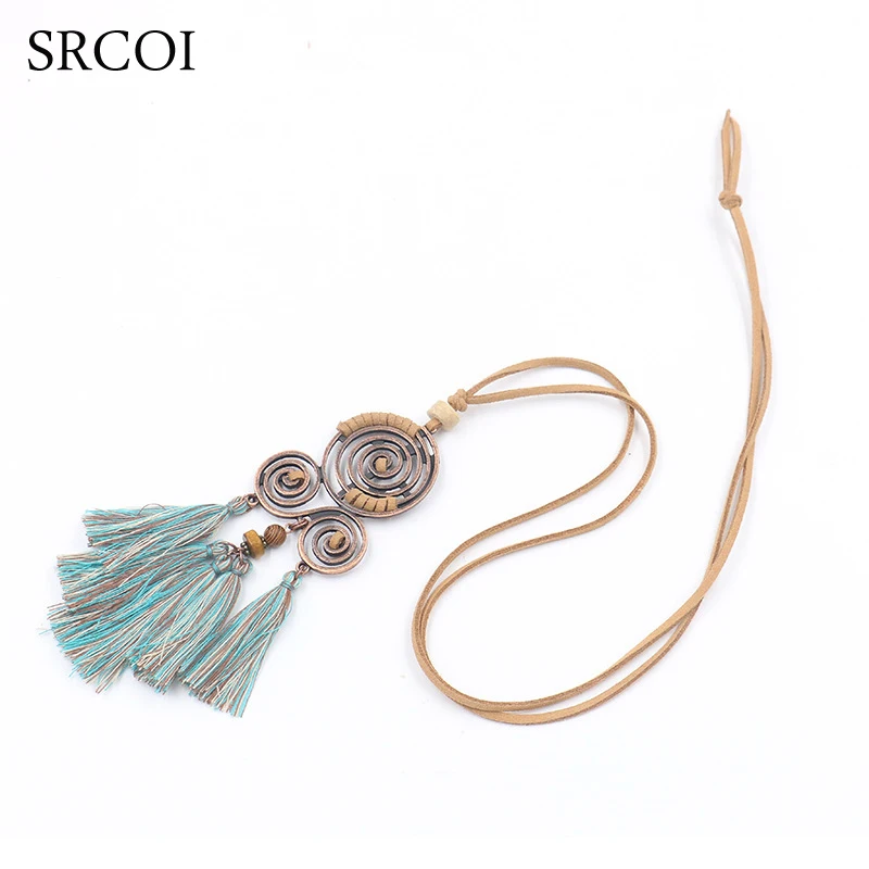 SRCOI Кожа Веревка Цепи Кисточкой национальное ожерелье заявление сплав Спираль