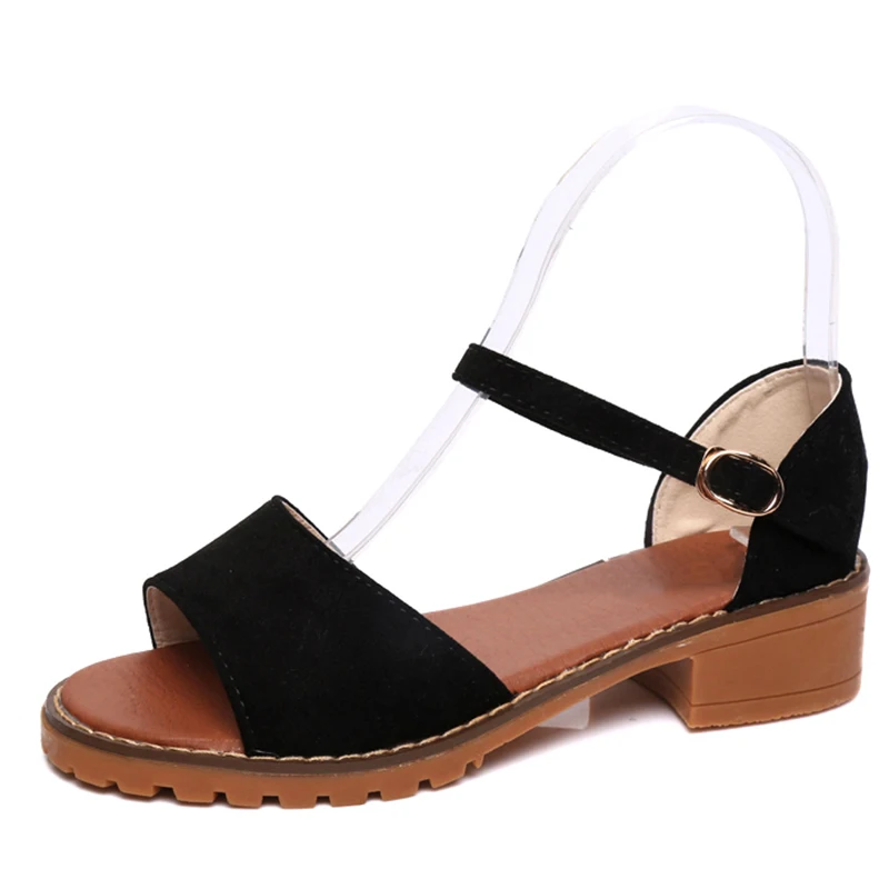 Замшевые летние женские босоножки; обувь с пряжкой buckle Strap Flats; прошитая женская обувь с закрытой пяткой; женская модная обувь на среднем каблуке - Цвет: Черный