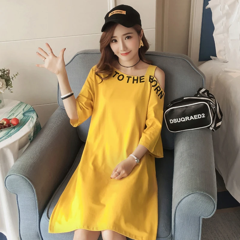 2019 хлопок одно плечо без бретелек-Футболка с рукавами платье моды большой