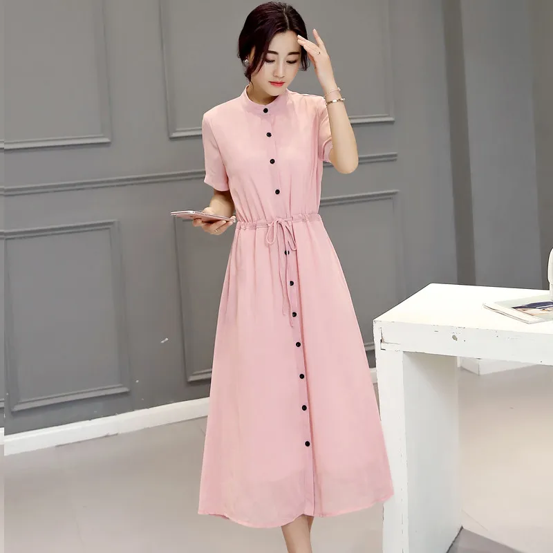 Летняя модная женская шифоновая рубашка воротник с короткими рукавами платье